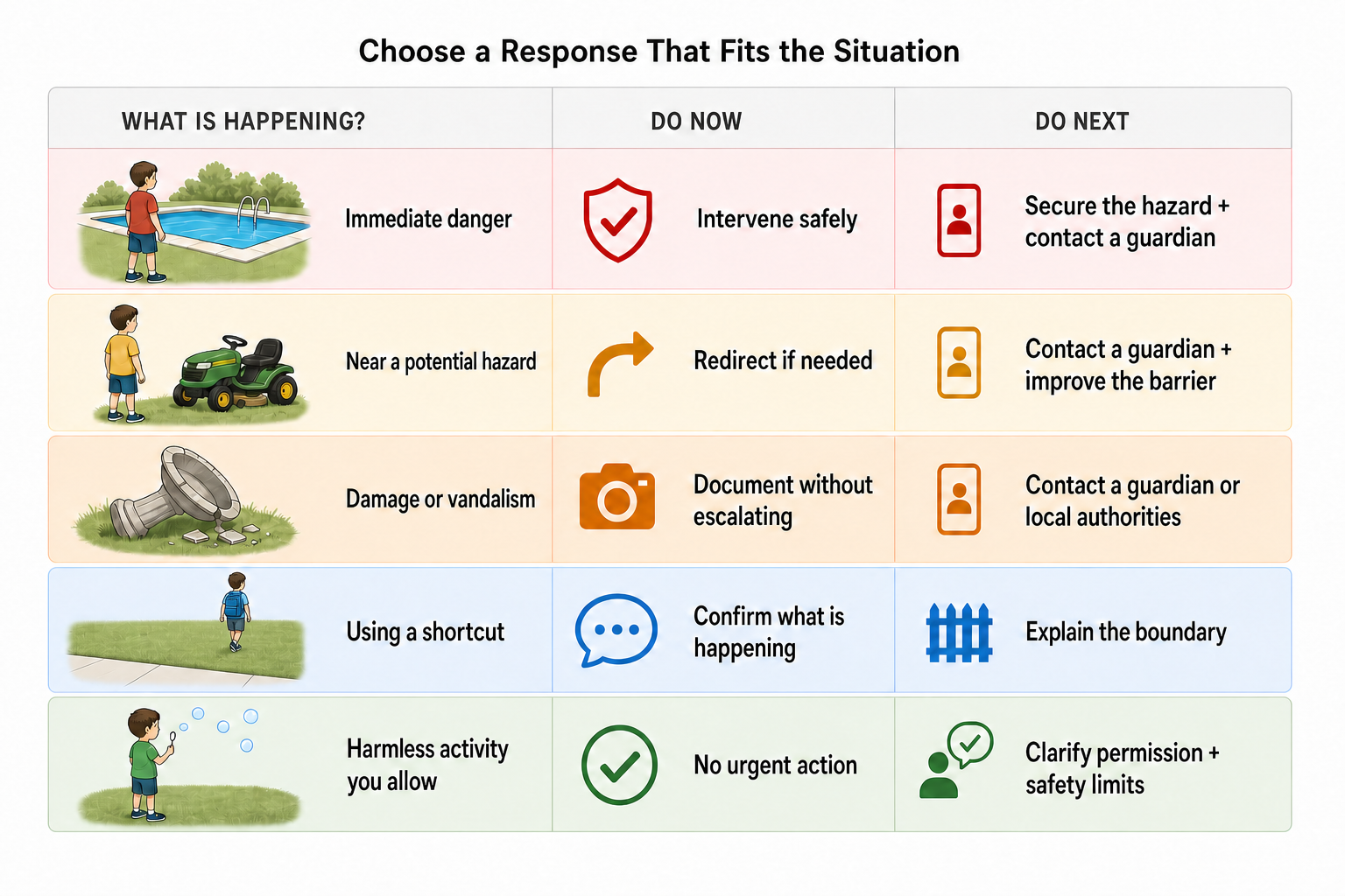 decision map suggesting how to approach different kinds of circumstances of kids trespassing