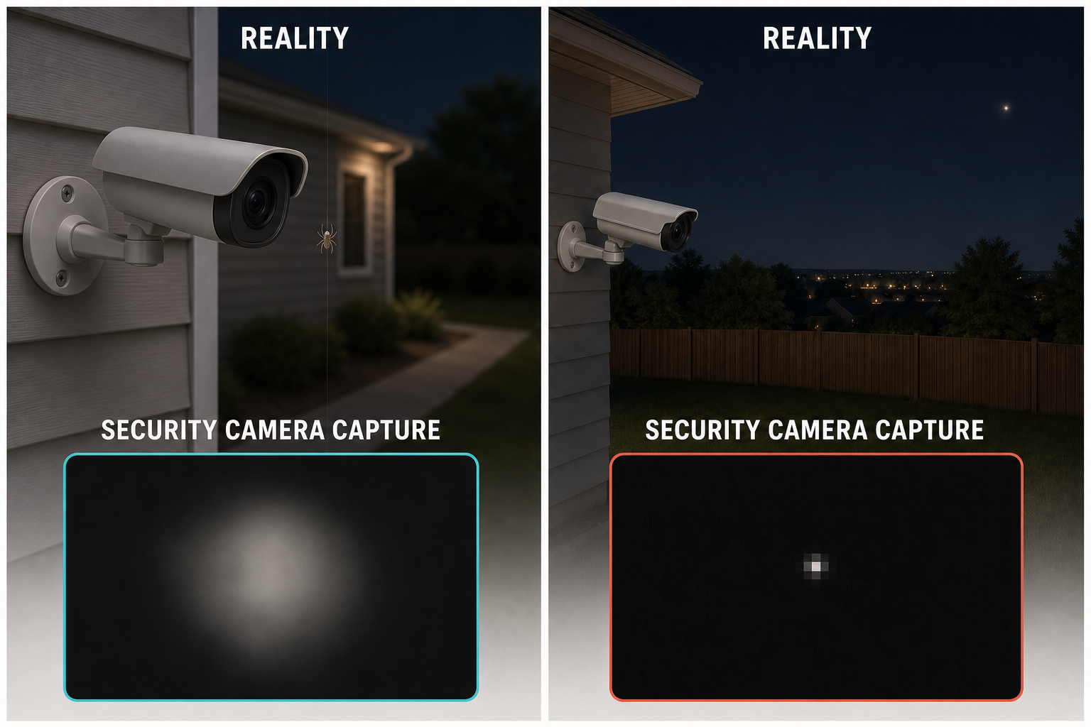 visualization of security cameras producing confusing footage due to extremely close or very distant objects