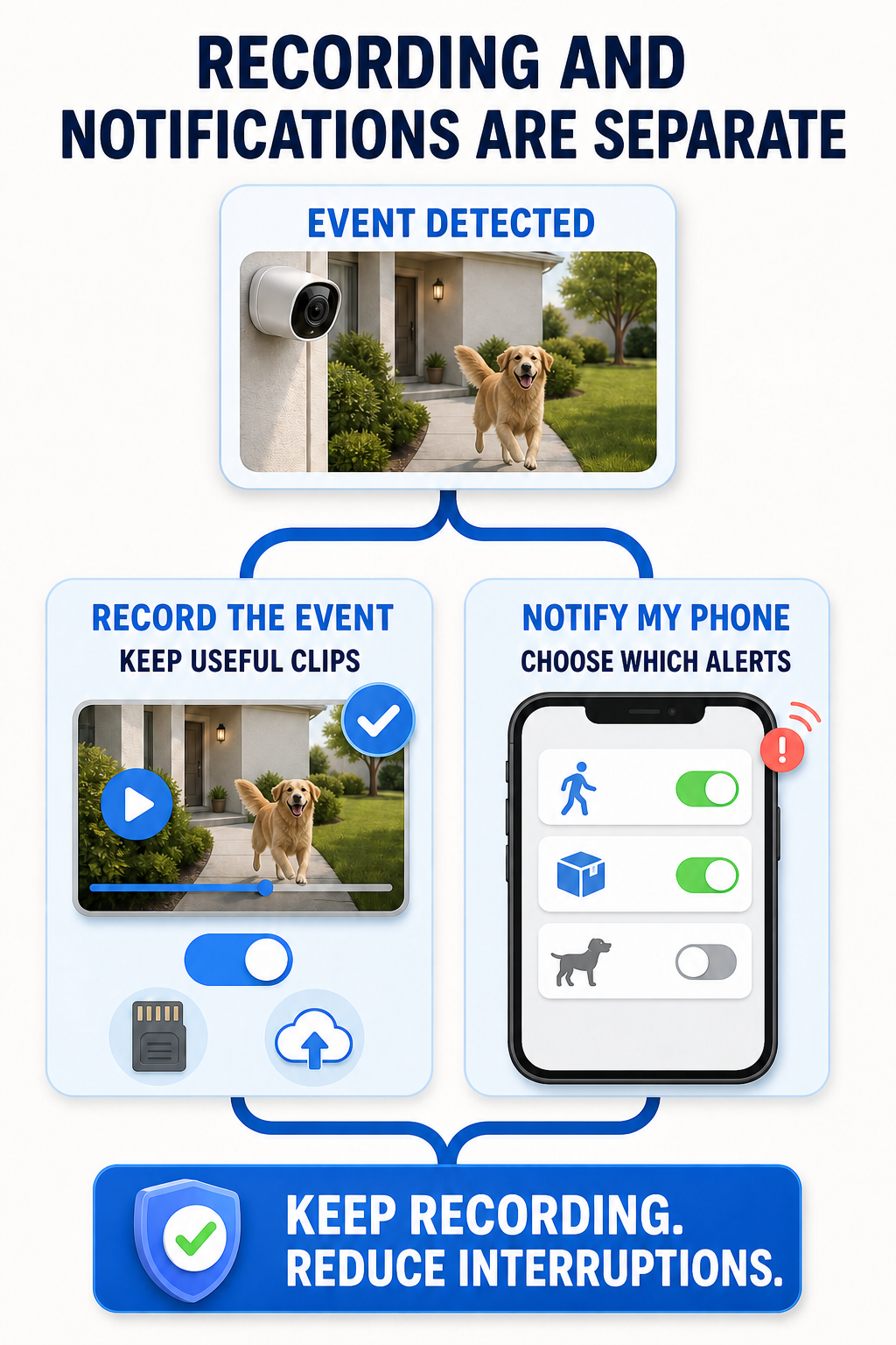 visualization of the difference between security camera event recording and notifications