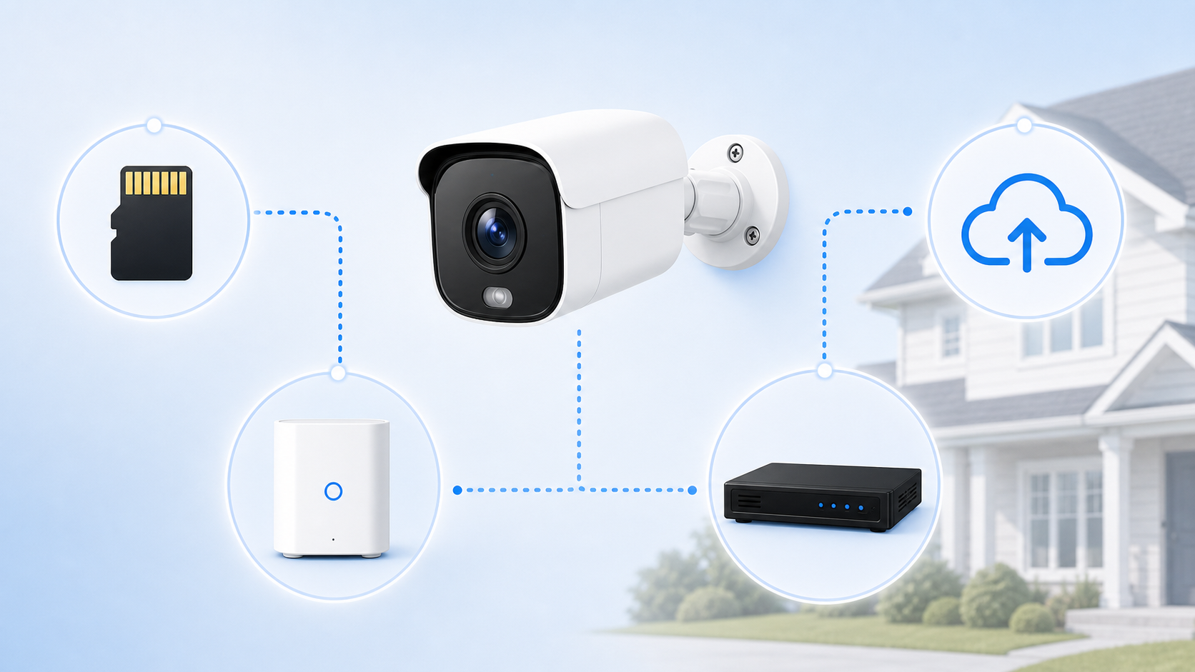 Security camera footage storage options including SD card, home hub, NVR, and cloud