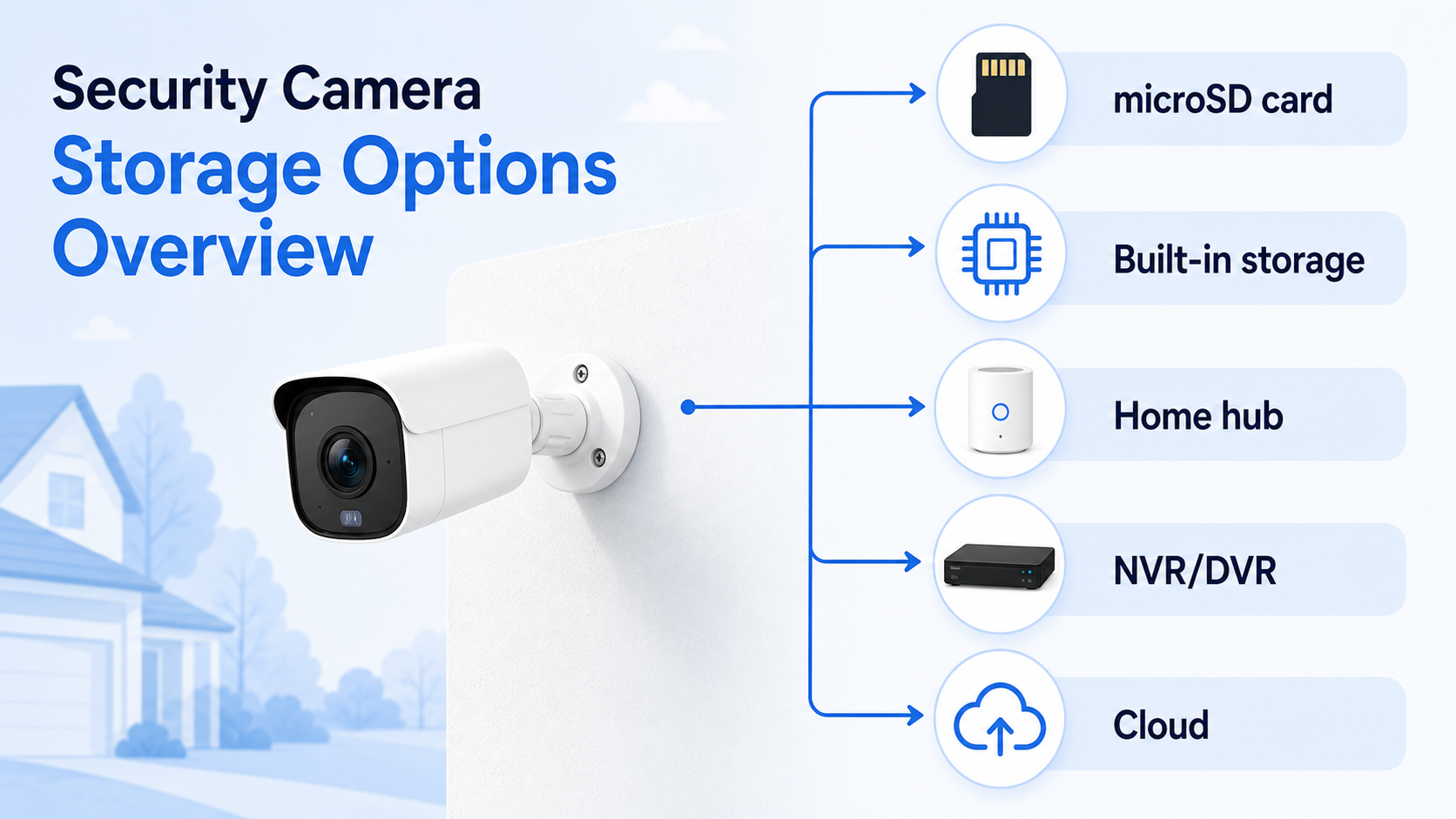 Diagram showing security camera footage stored on SD card, built-in storage, home hub, NVR, and cloud
