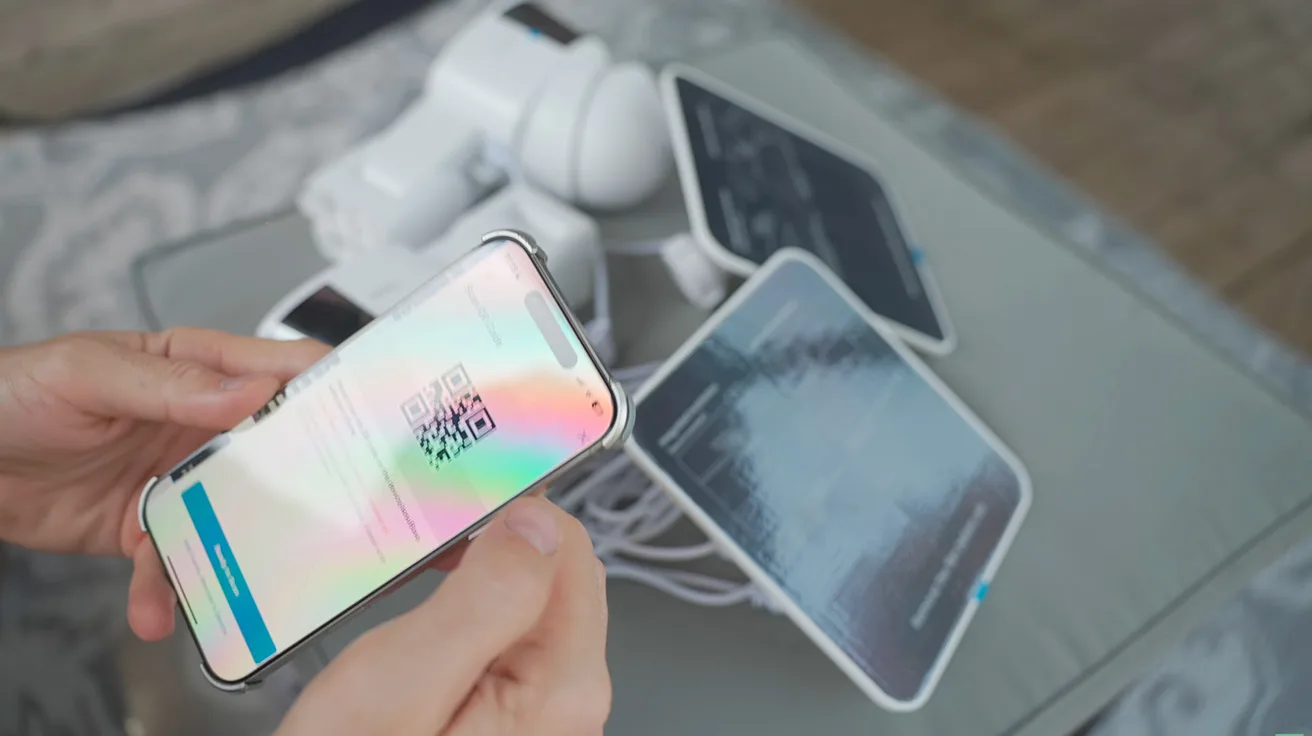 phone scanning a QR code to pair aosu products with the app