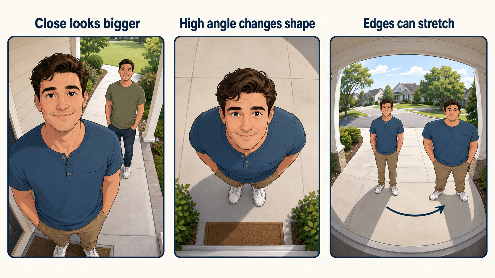 a sample of three common ways security cameras can distort how you look
