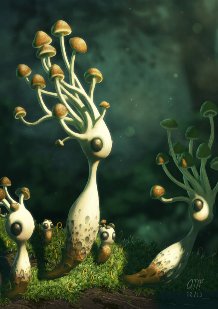 anthropomorphic mushrooms growing out of moss