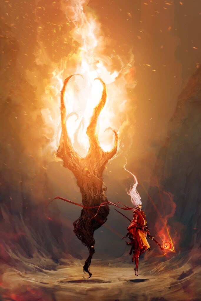 A man and a woman standing in front of a fire.