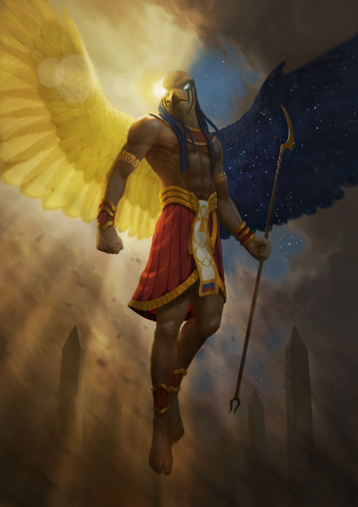 a painting of an egyptian god with wings.
