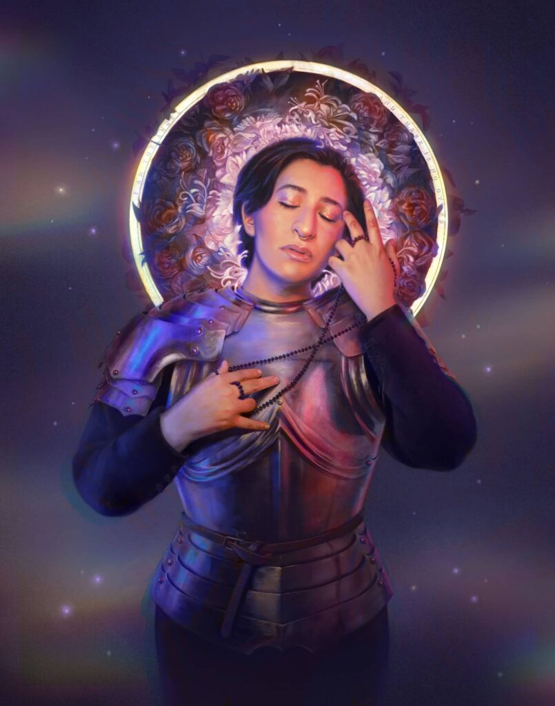 an image of a woman in armor with her hands on her head.