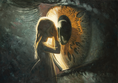 A painting of a girl looking into an eye.