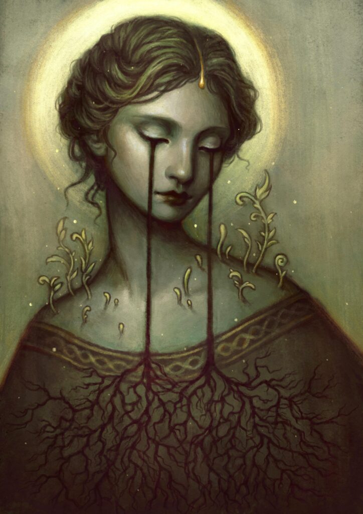 A painting of a woman with a tree growing from her face.