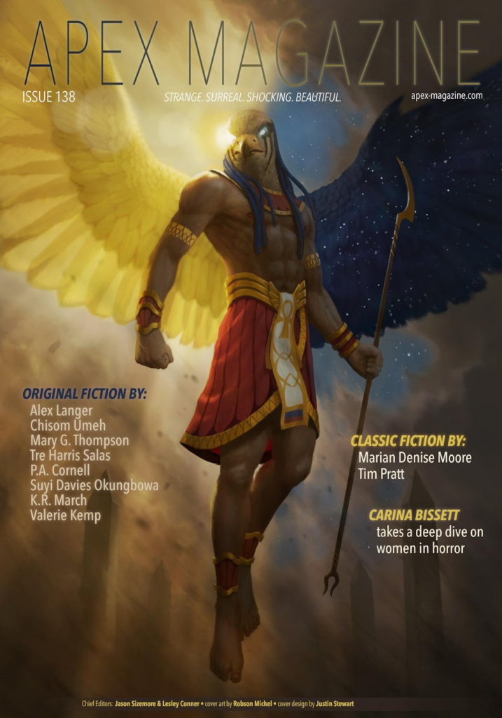 the cover of apex magazine featuring an egyptian warrior.