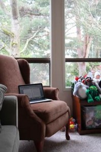 Caroline’s workspace, complete with toys and trees