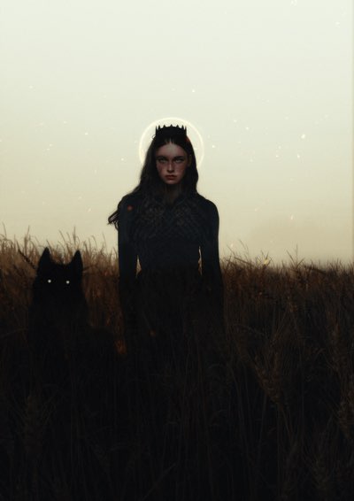 Woman and dog in dark silhouette with glowing eyes.