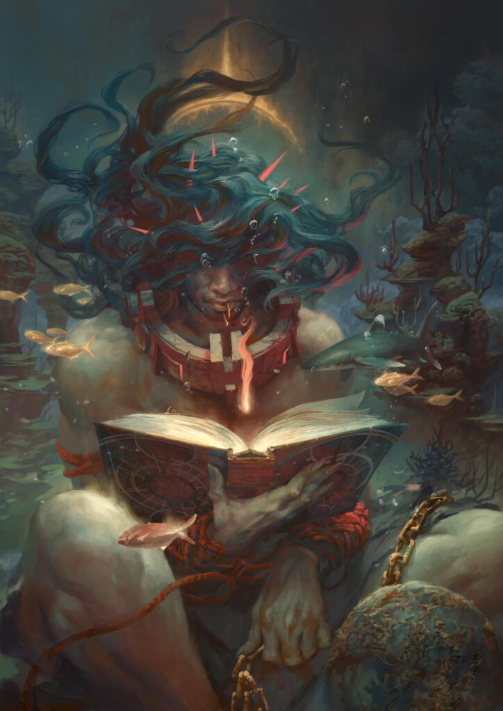 An illustration of a woman reading a book.