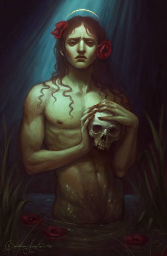 A man holding a skull in the water.
