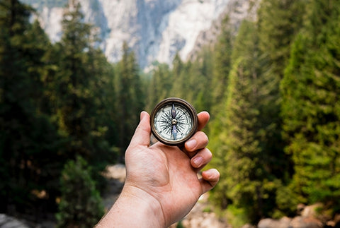 man holding compass in forest