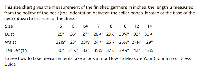Size Chart for measuring a First Communion Dress