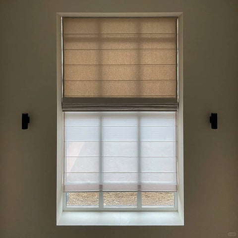 Easeease double-layer Roman blinds, light-filtering during the day, complete blackout at night.