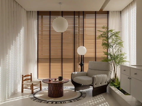 Combination of sheer curtains and wooden blinds by easeease, creating an atmospheric ambiance in the space