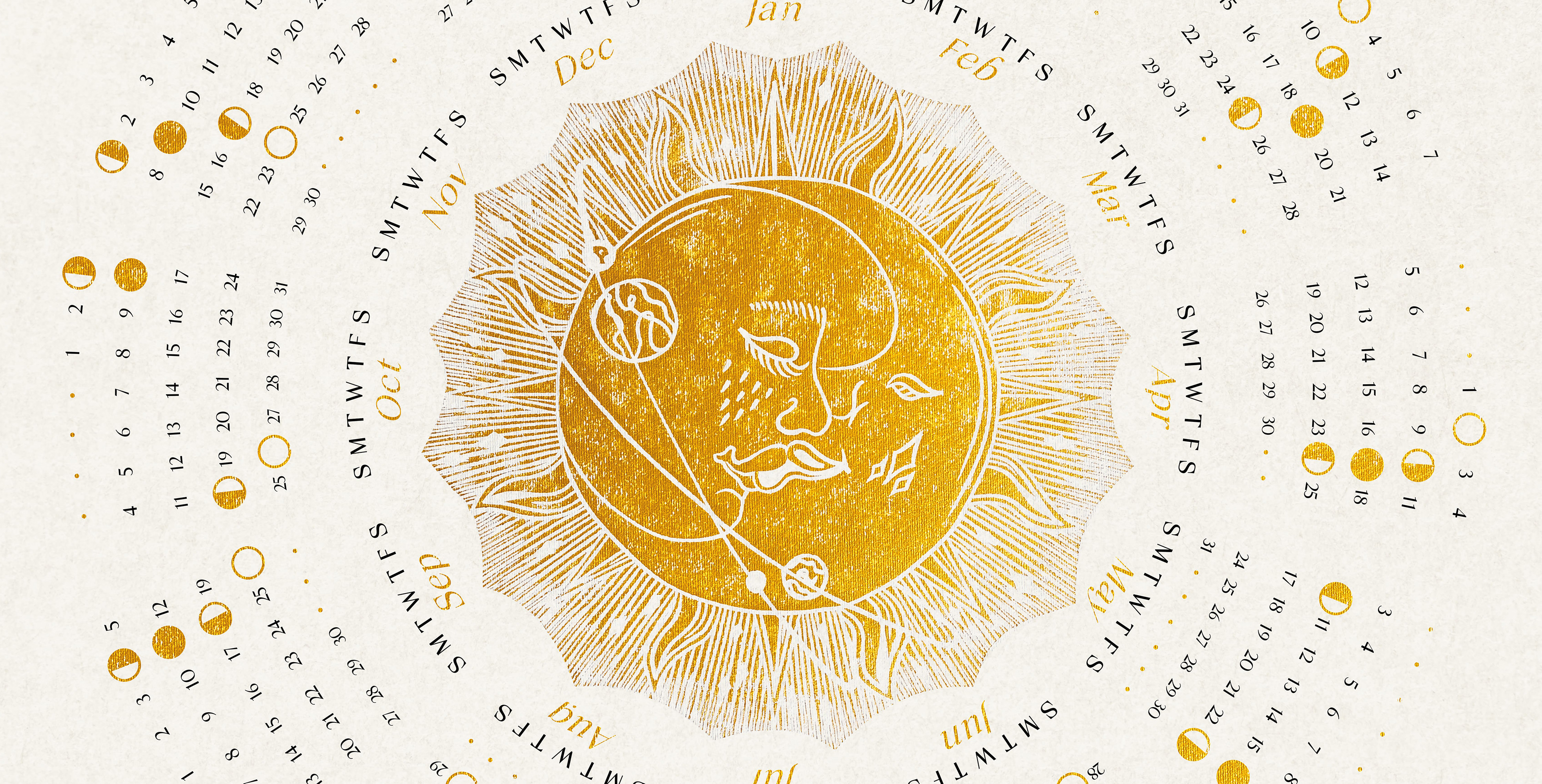 2026 lunar gold kiss moon and sun printable large wall art digital calendar poster yearly