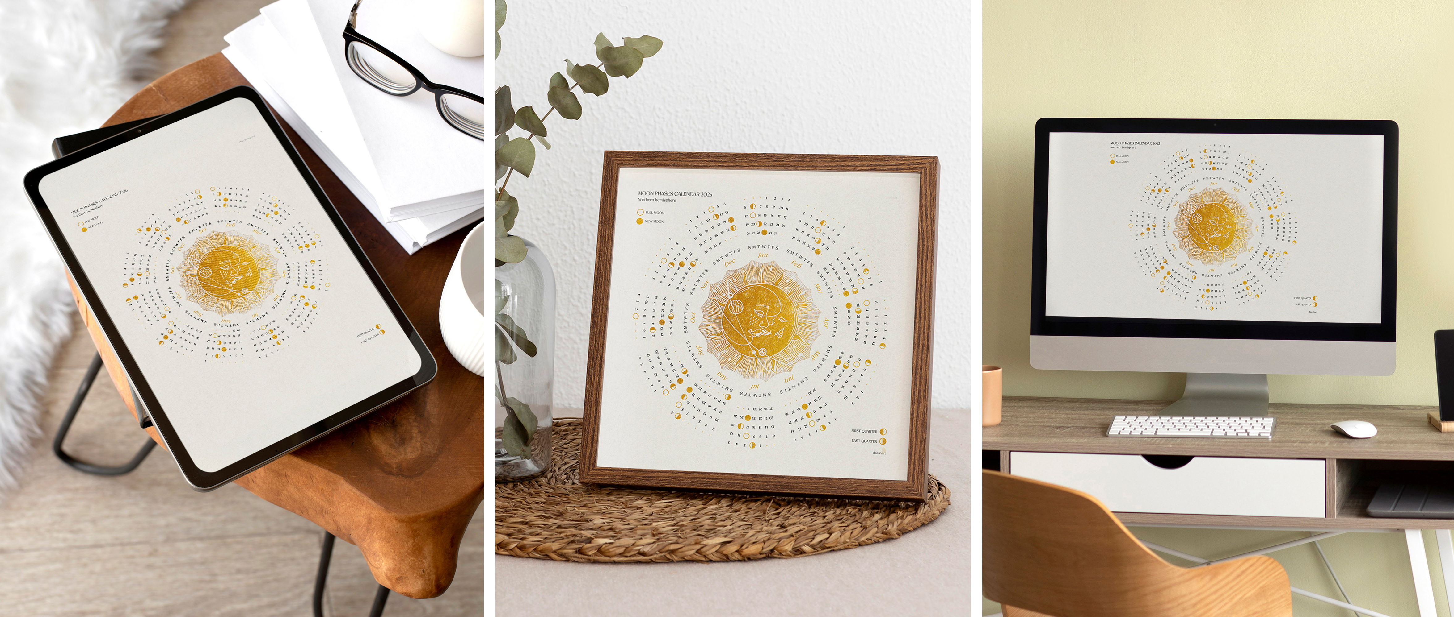 lunar moon 2026 yearly printable calendar with moon sun linocut gold illustration large digital poster