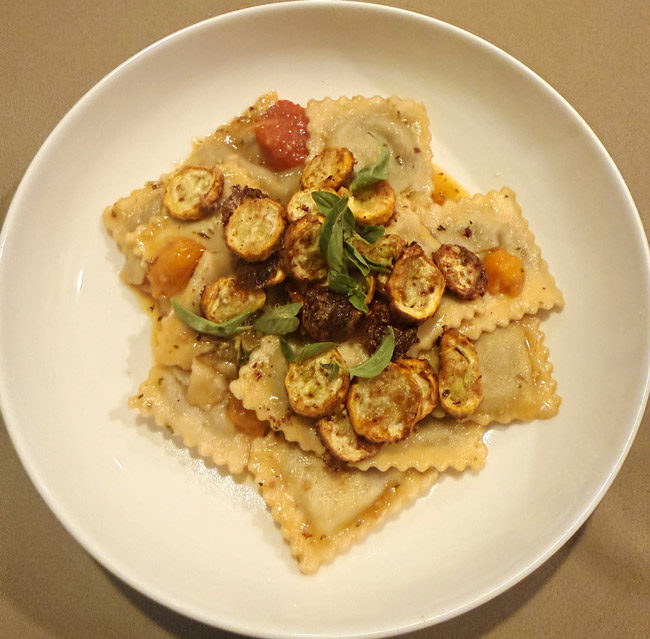 Ravioli with Sungold tomatoes and zucchini