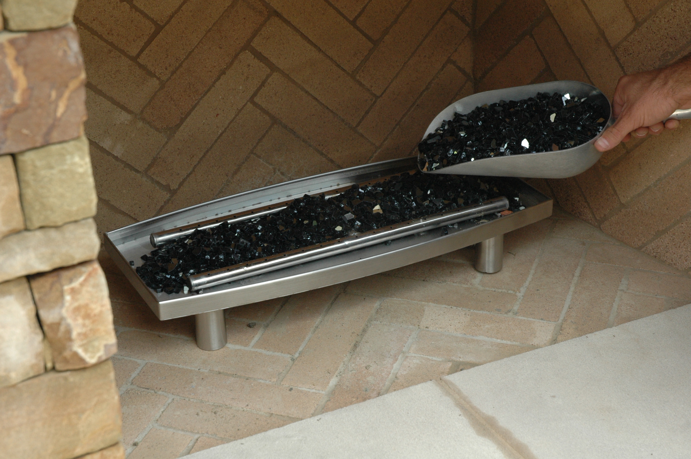 Fire glass displayed for a gas fire pit project