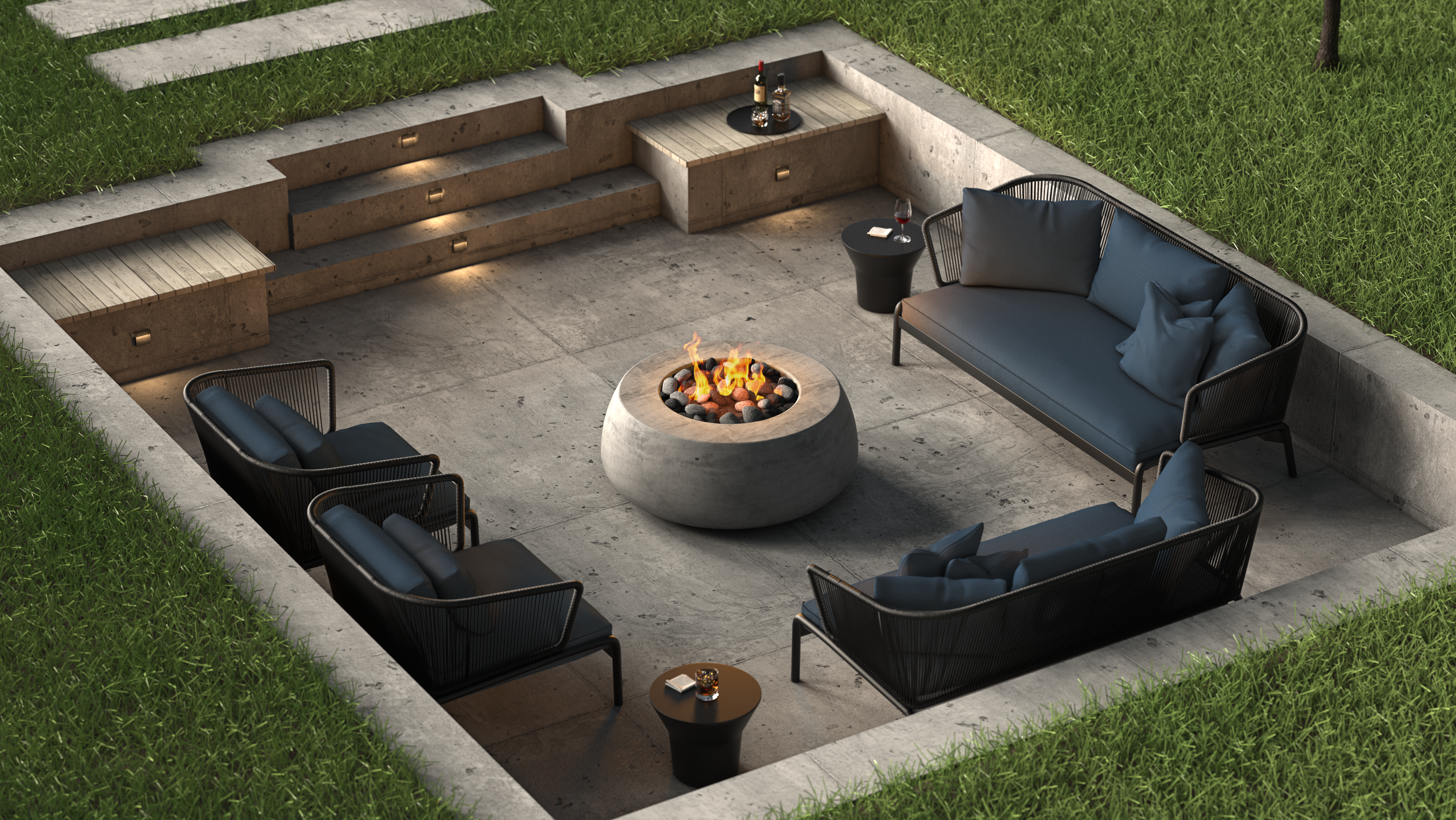 Sunken fire pit lounge with concrete gas fire pit