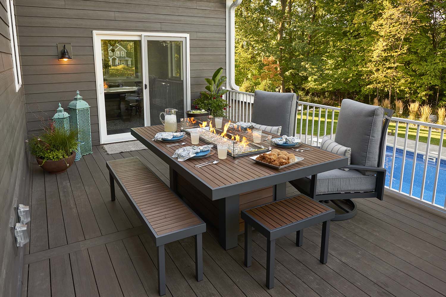 Fire pit table patio setup with Kenwood gas fire pit table and matching benches