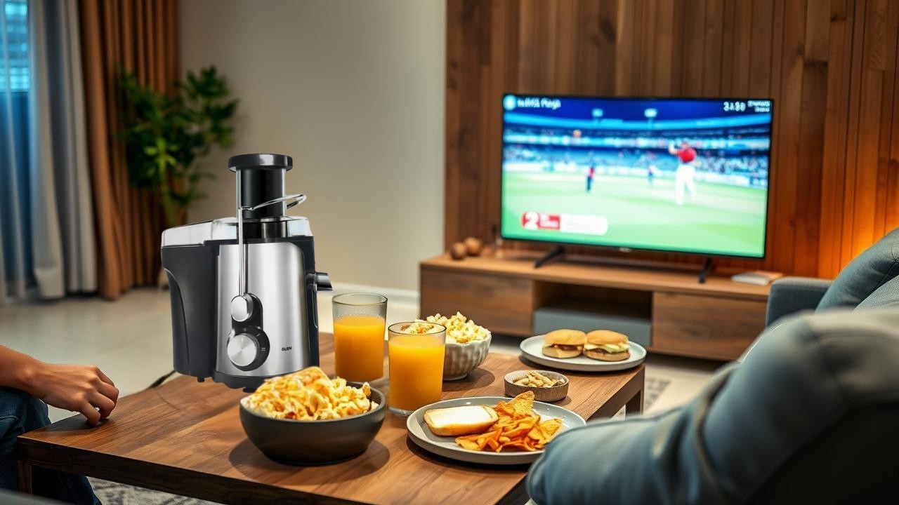 watching cricket and drinking juice from juicer