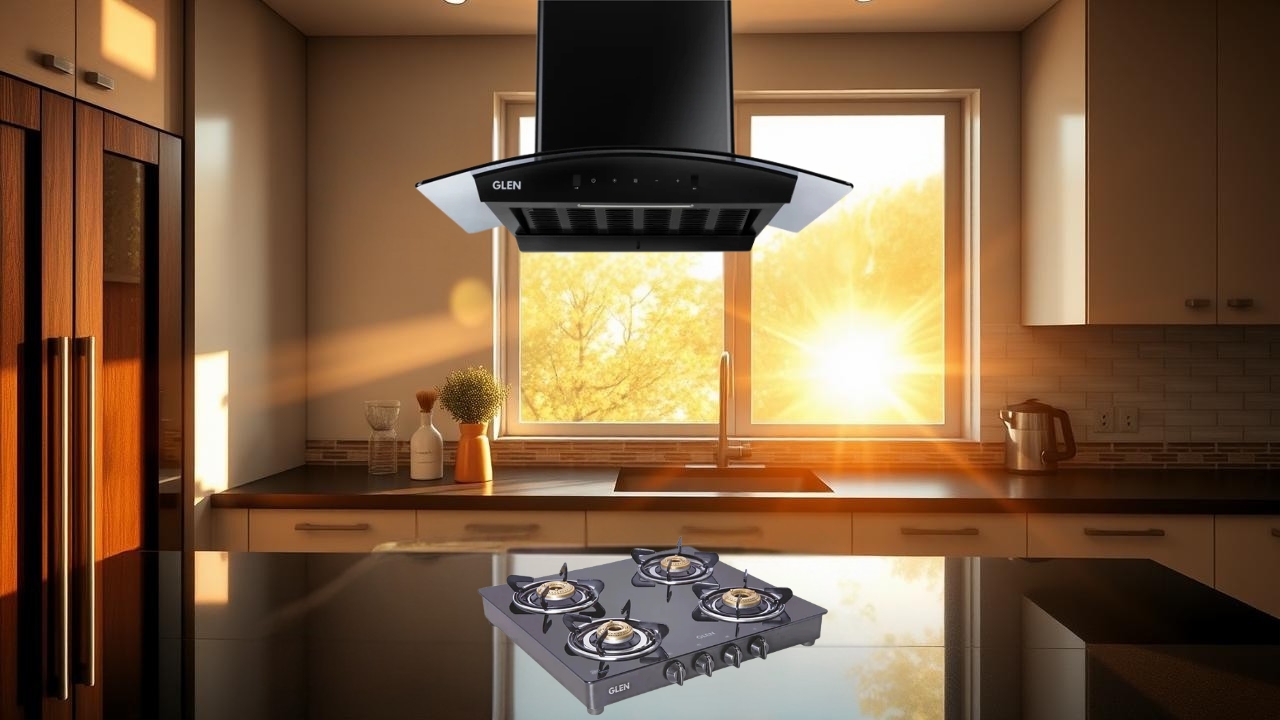 4 Burner Gas Stove Brass Burner + Auto Clean Chimney with Motion Sensor