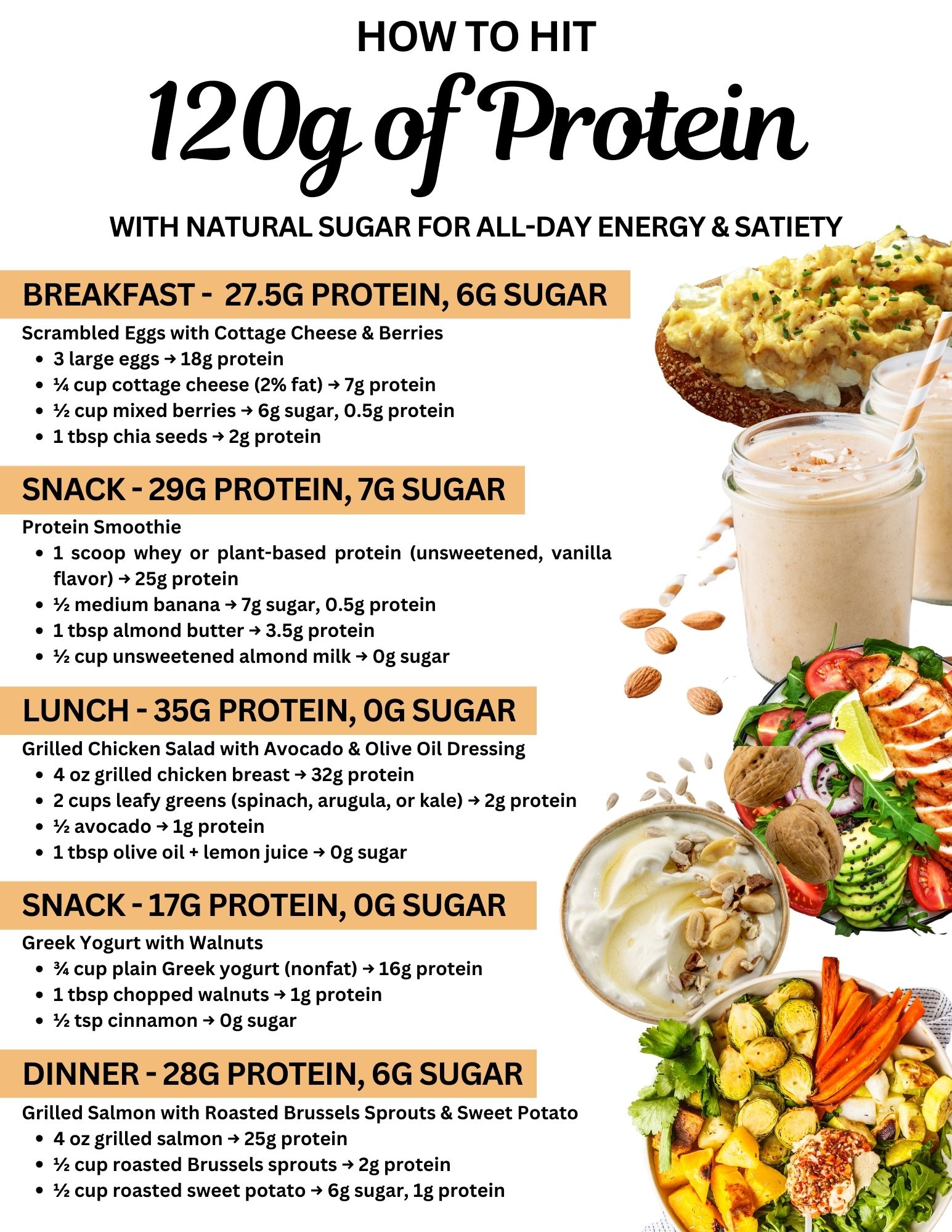 meal ideas for 120g protein and 25g sugar intake