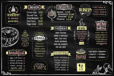 Chalkboard menu with diverse food options