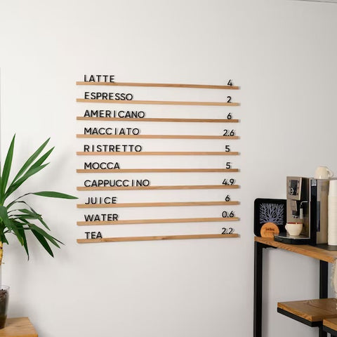 Wooden letterboard menu with beverage options