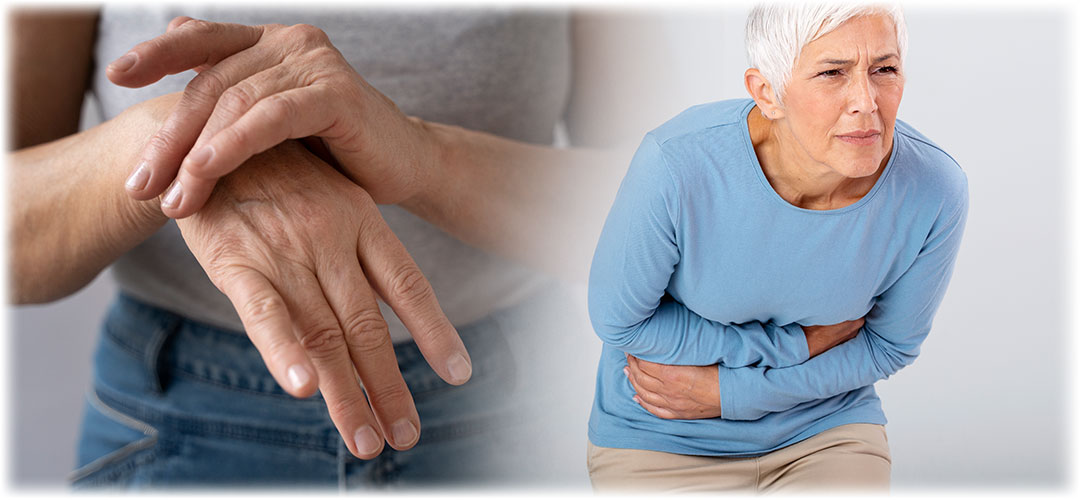 Composite image of a senior woman with white hair in a blue shirt holding her stomach in pain and a close-up of hands showing signs of arthritis.
