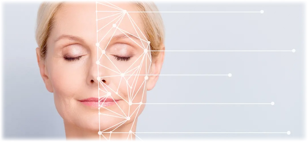 A blonde woman with closed eyes and a serene expression, with a digital overlay of facial analysis lines. Lily & Loaf emphasizes advanced skincare technology.