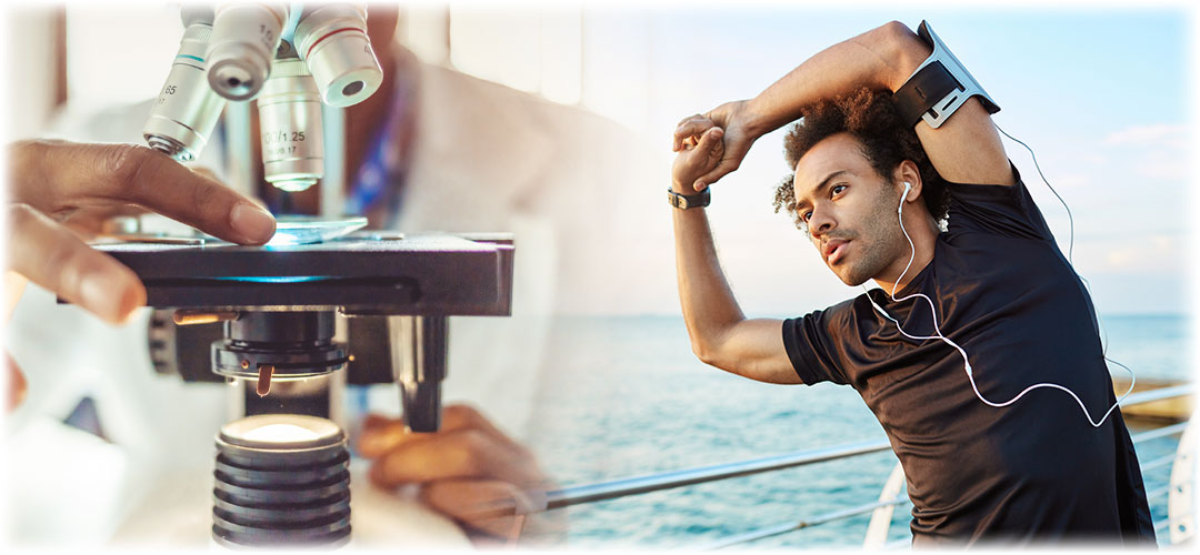 Close-up of a scientist using a microscope, and a man stretching with earphones in, preparing for exercise by the ocean.