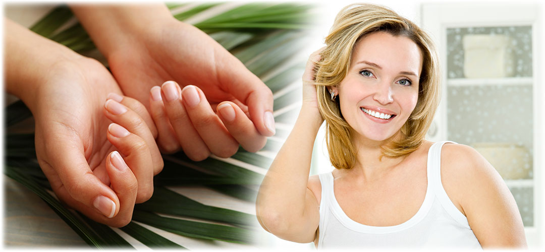 Split image showing a woman with a radiant smile and close-up of hands on palm leaves, highlighting Lily & Loaf skincare benefits.