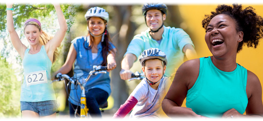 A variety of people participating in different activities, running, cycling and swimming for exercise
