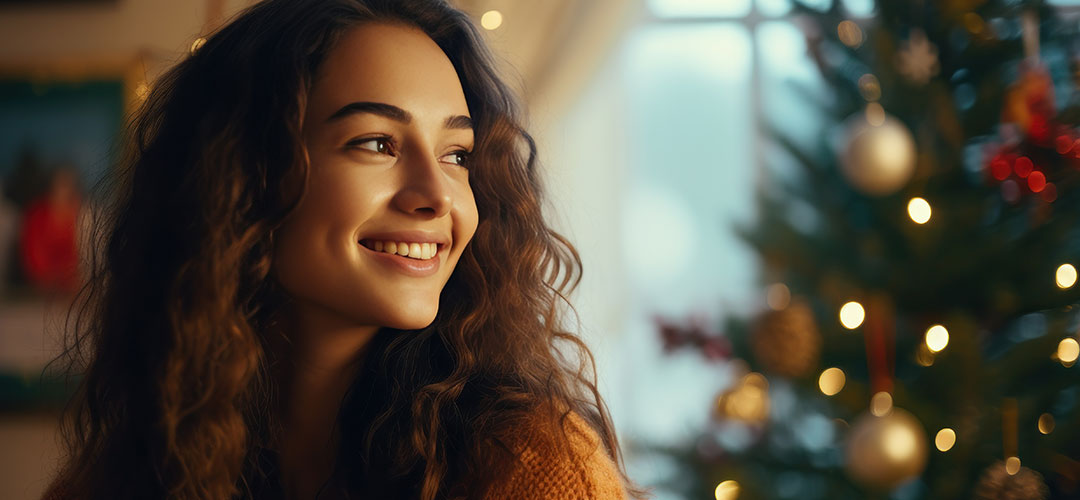 Lady at home before christmas all calm after the essential oils room mist