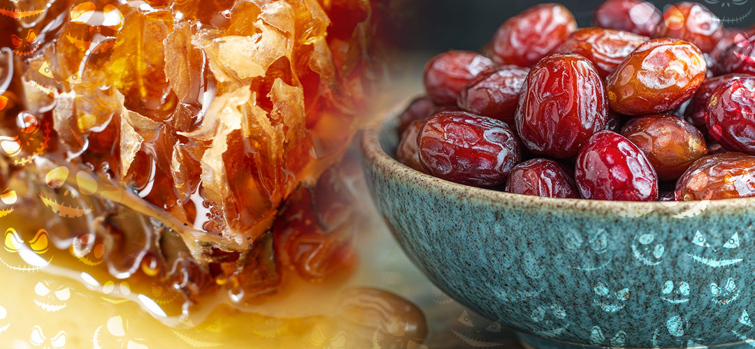 natural sugar honey and dates on table