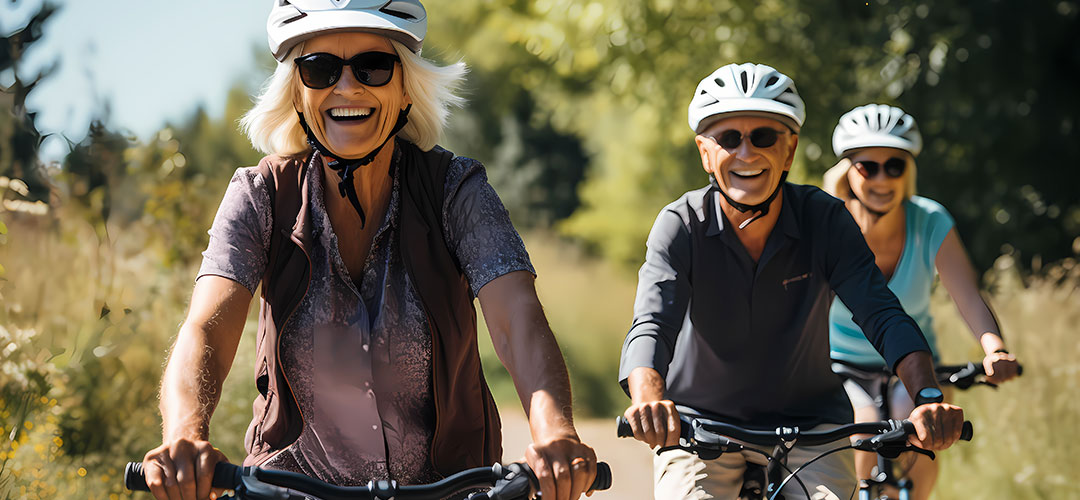 Group of middle age people cycling in the countryside
