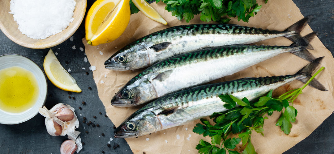 fresh Mackerel on table with garlic and lemons