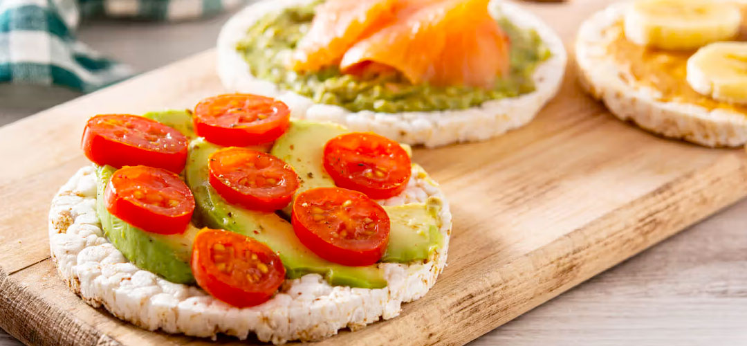 Selection of rice cakes with healthy toppings