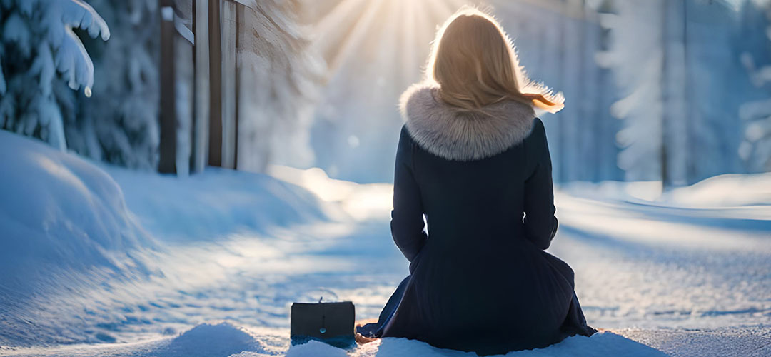 a-woman-sitting-in-the-snow-with-her-back-to-the-sun_34312289