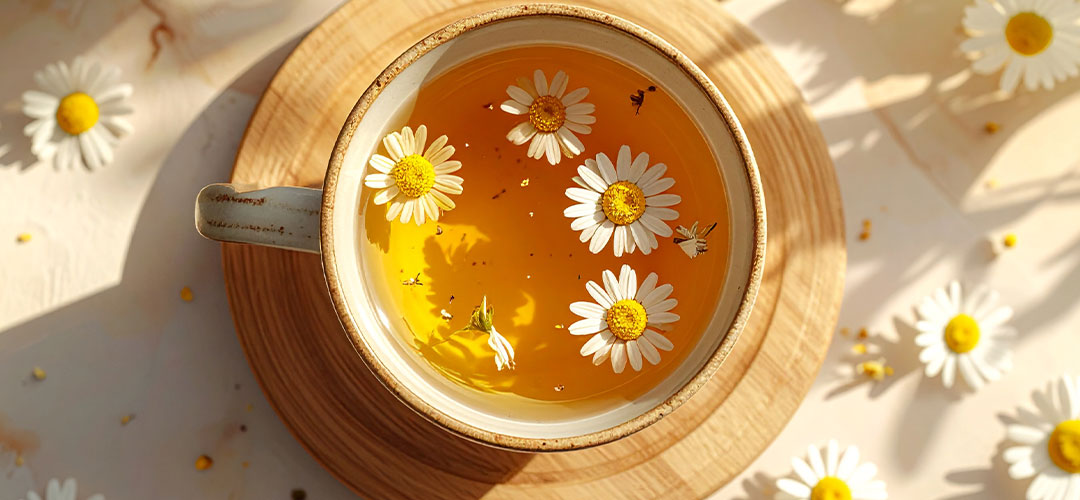 Chamomile tea in the spring sunshine