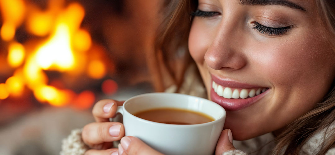lady clutching a fresh hot cuppa infront of a warming fire