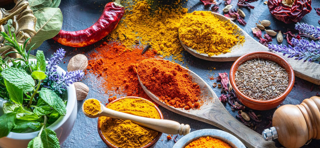 selection of colourful herbs and spices