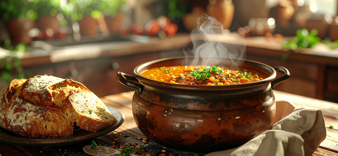 vecteezy_rustic-kitchen-scene-hearty-soup-and-fresh-bread-on-wooden board