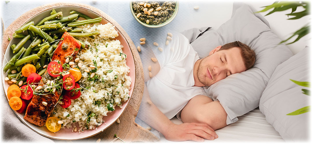 healthy dinner on table with male having restful sleep