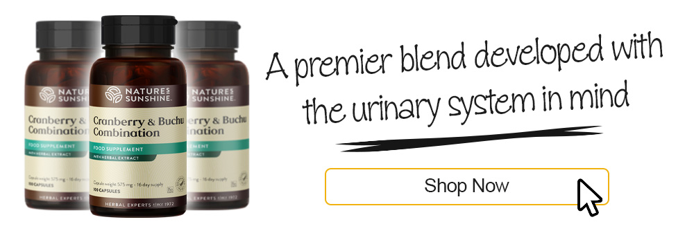 Three bottles of Nature's Sunshine Cranberry & Buchu Combination supplement with text "A premier blend developed with the urinary system in mind" and a "Shop Now" button.